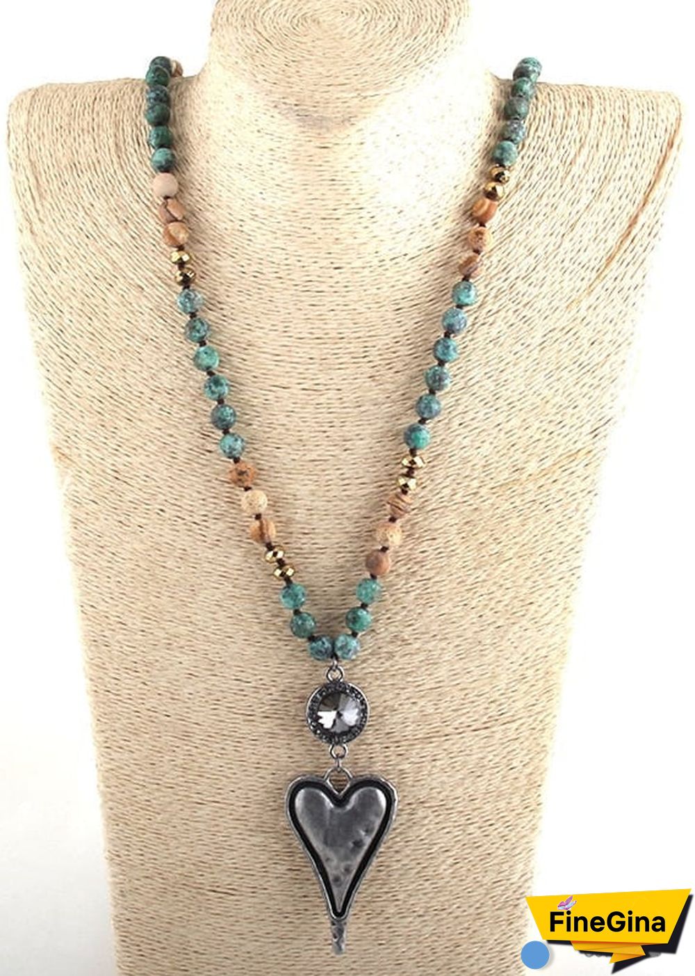 Boho Necklace, RH Amazonite Jasper, Heart Brown Natural Stone