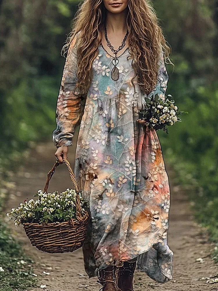 Women's  Retro Flower Print Pocket Cotton Dress