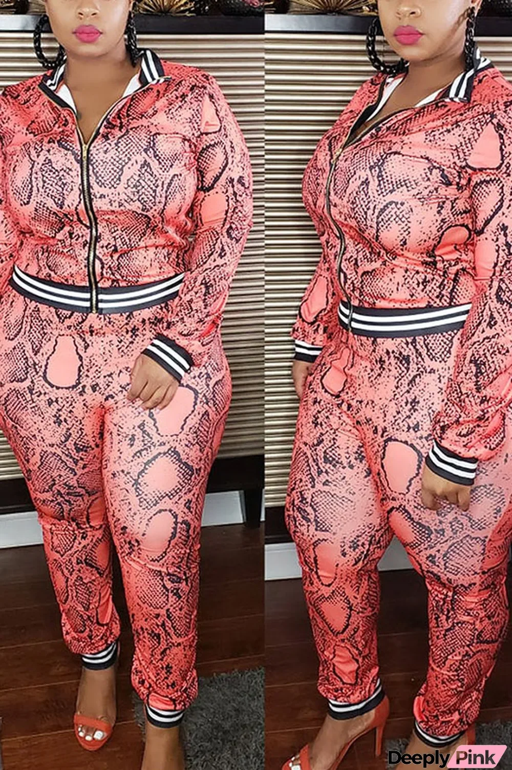 Orange Polyester Fashion Casual Europe and America Turndown Collar Print Zipper Plus Size