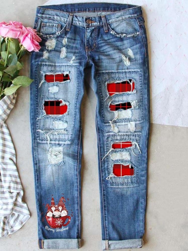 Christmas Gnome Print Loose Straight Jeans