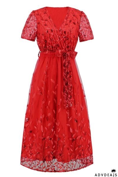 Sequin Leaf Embroidery Tie Front Short Sleeve Dress