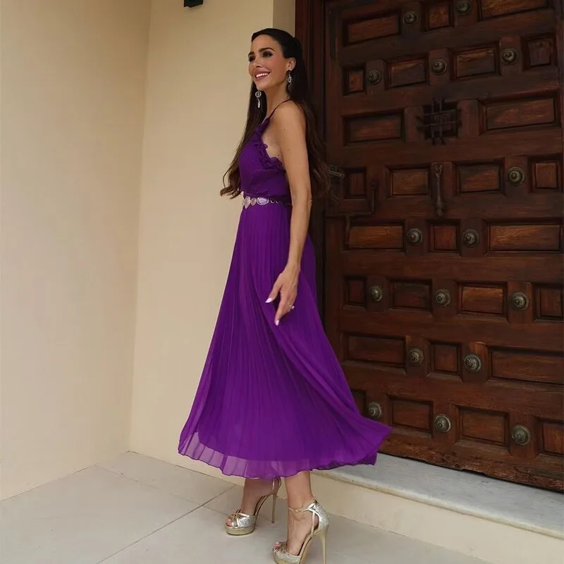 Uaang Pleat Midi Dress Women Elegant Backless Camisole Dresses Chic Lady Robe Female Clothing 2023 Summer New