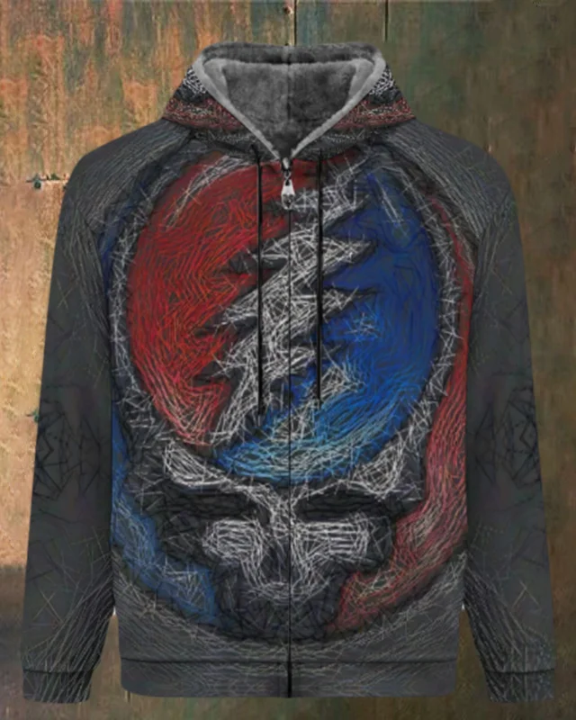 Unisex Skull Print Double Layer Fleece Zip-Up Hooded Jacket