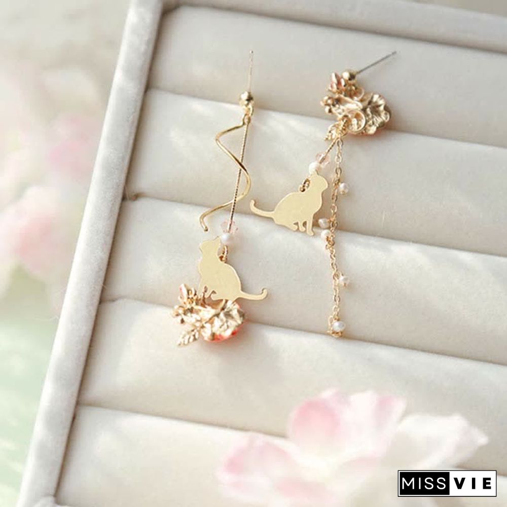 Asymmetrical Cat Blossom 925 Sterling Silver Stud Earrings Ear Clip