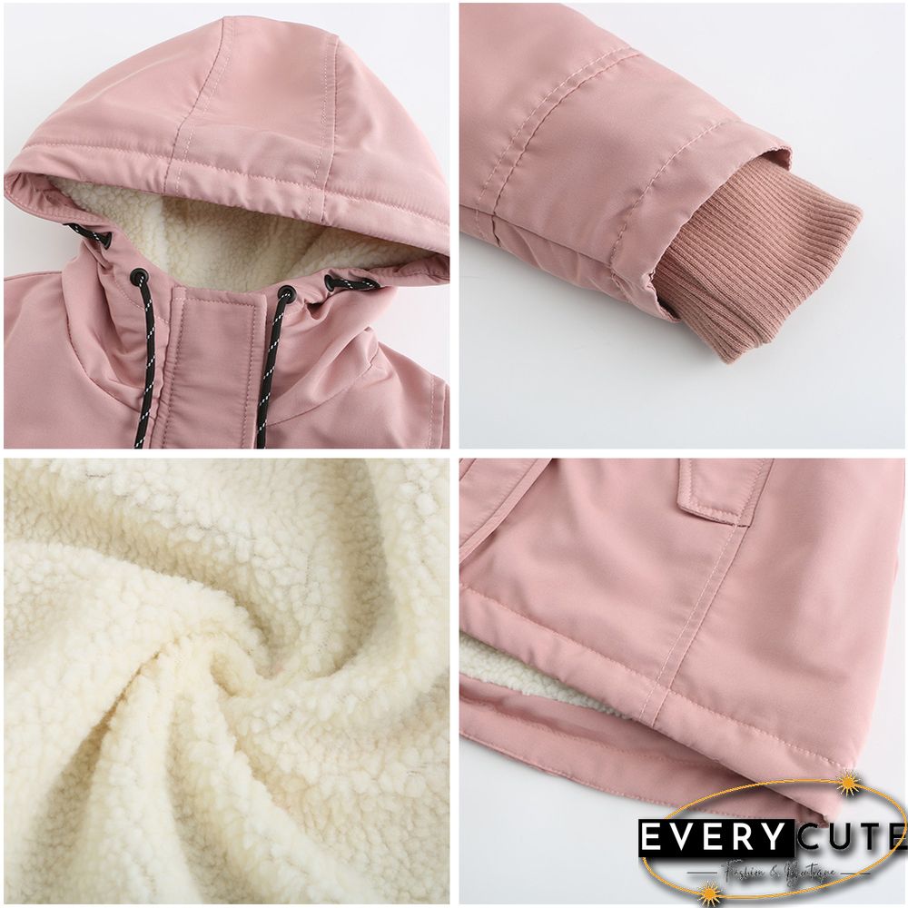 Pink Plush Warm Hooded Parka Coat