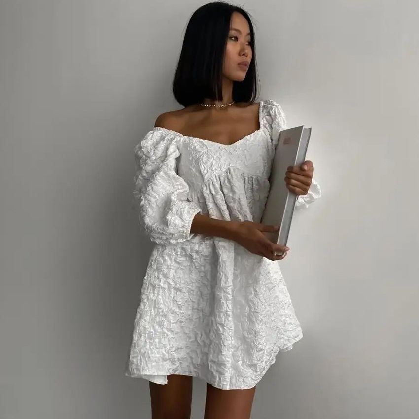 Ootddress Jacquard V-neck Dress For Women Bubble Sleeve Niche Design Solid Color Loose Fashion Ladies Short Dress 2025 Summer New