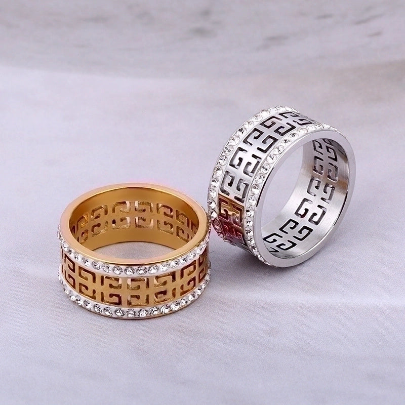 Stainless Steel Minimalist Geometric Plating Hollow Out Inlay Zircon Rings