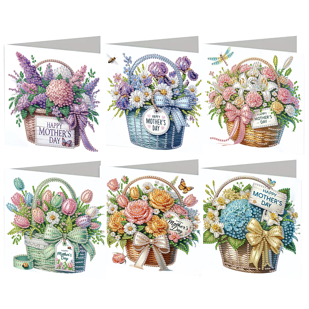 6Pcs Flower Baskets Diamond Painting Greeting Card with Envelope for Mothers Day