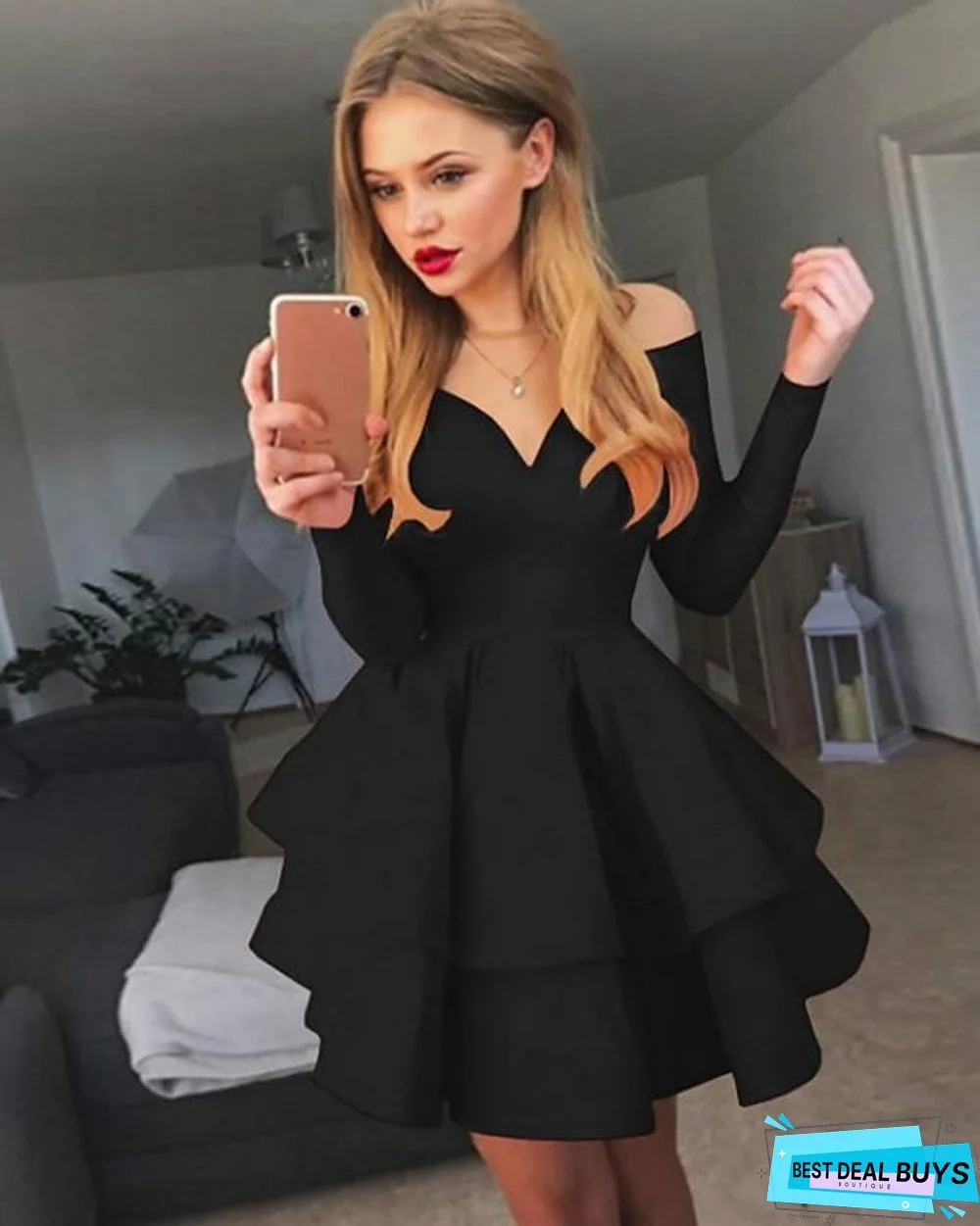 Women's Prom Dress A-Line Dress Short Mini Dress - Long Sleeve Solid Colored Layered Spring Fall Off Shoulder Hot Sexy Going out White Black Red White Dresses