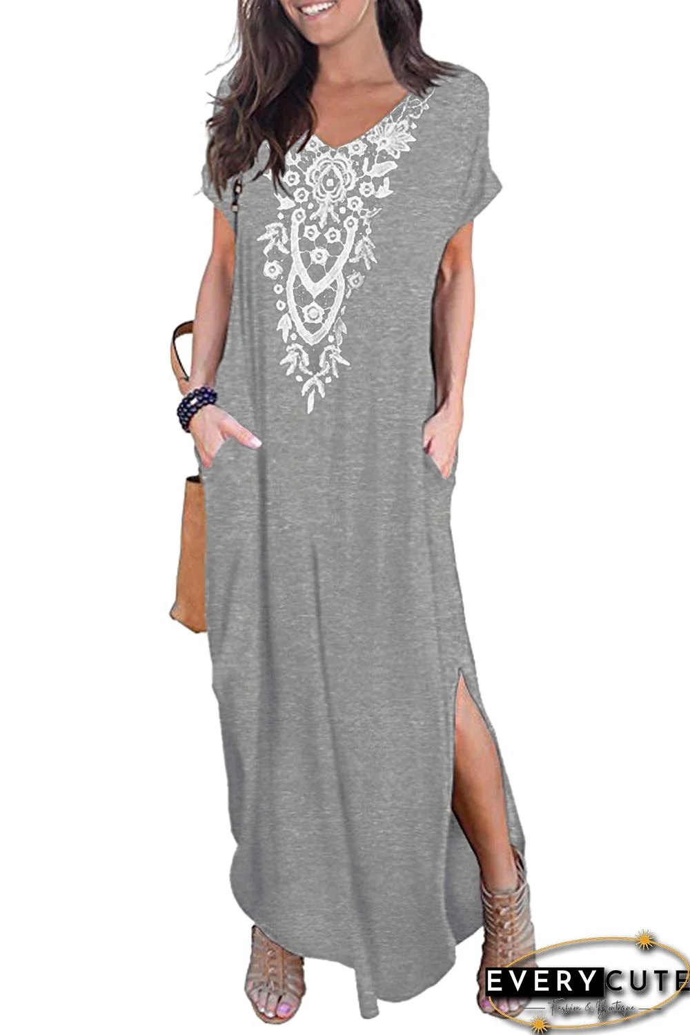 Gray Lace Front Pocket Short Sleeve Split Casual Loose Maxi Dress