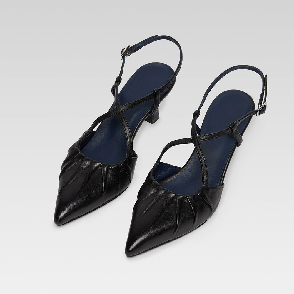 Black Pleated Crossover Strap Pointed Toe Spool Heel Slingback Shoes Nicepairs