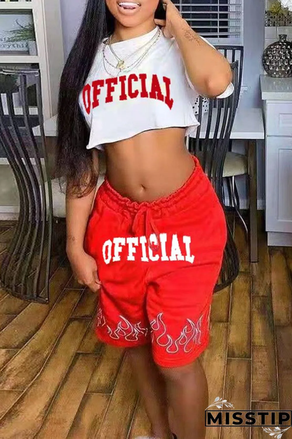Red Fashion Casual Letter Print Basic O Neck Short Sleeve Two Pieces
