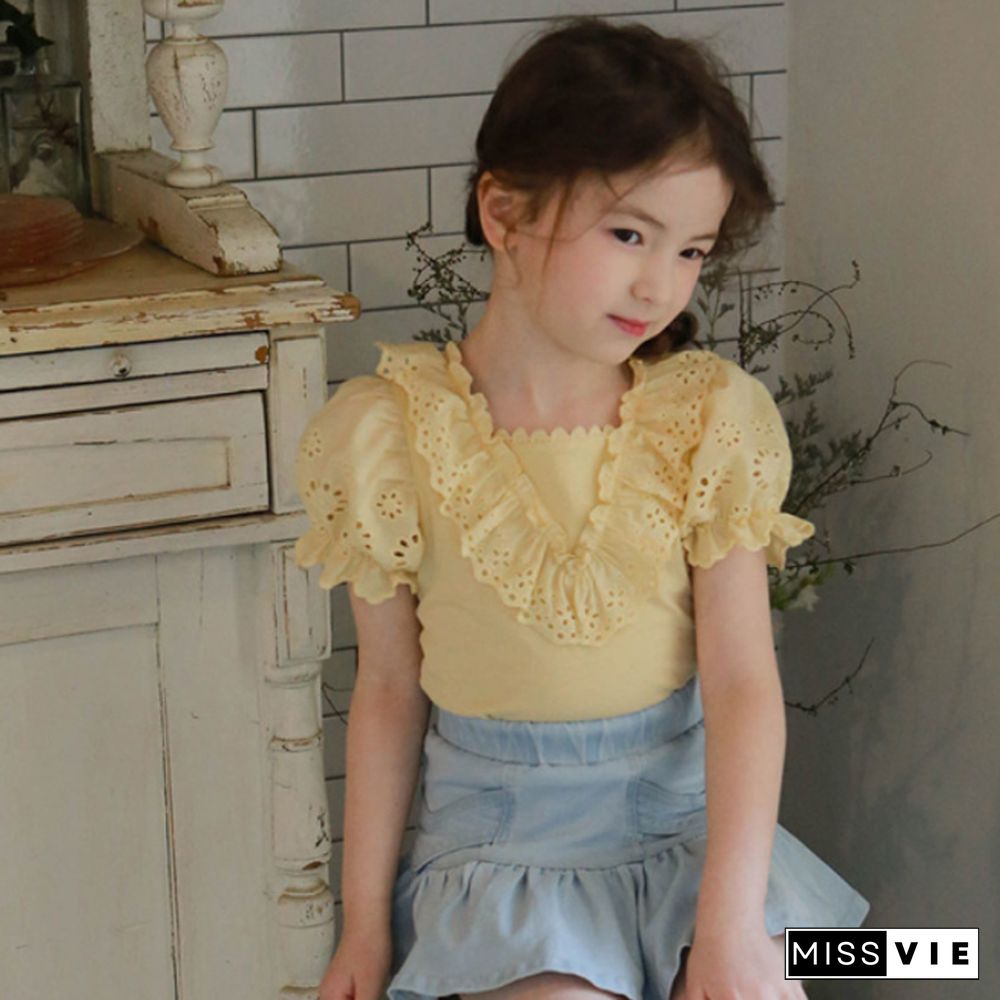 Summer Children's Clothing Solid Color Small And Medium-Sized Girls Triangular Lace Collar Short Sleeve Bubble Sleeve T-Shirt