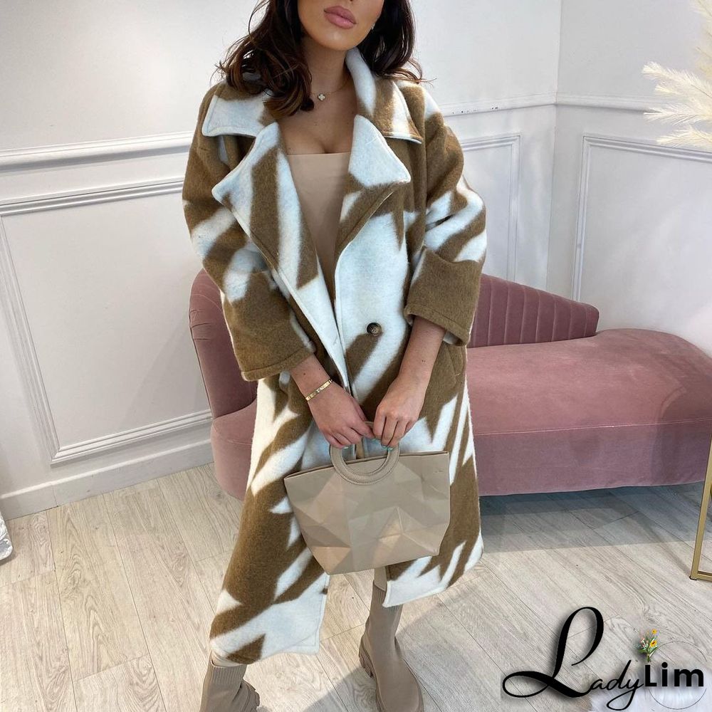 Women Color Block Long Sleeve Turndown Collar Print Jacket