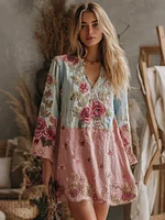 Women's V Neck Boho Classy Gradient Pink Roses Embroidered Art Casual Dress - Image 5