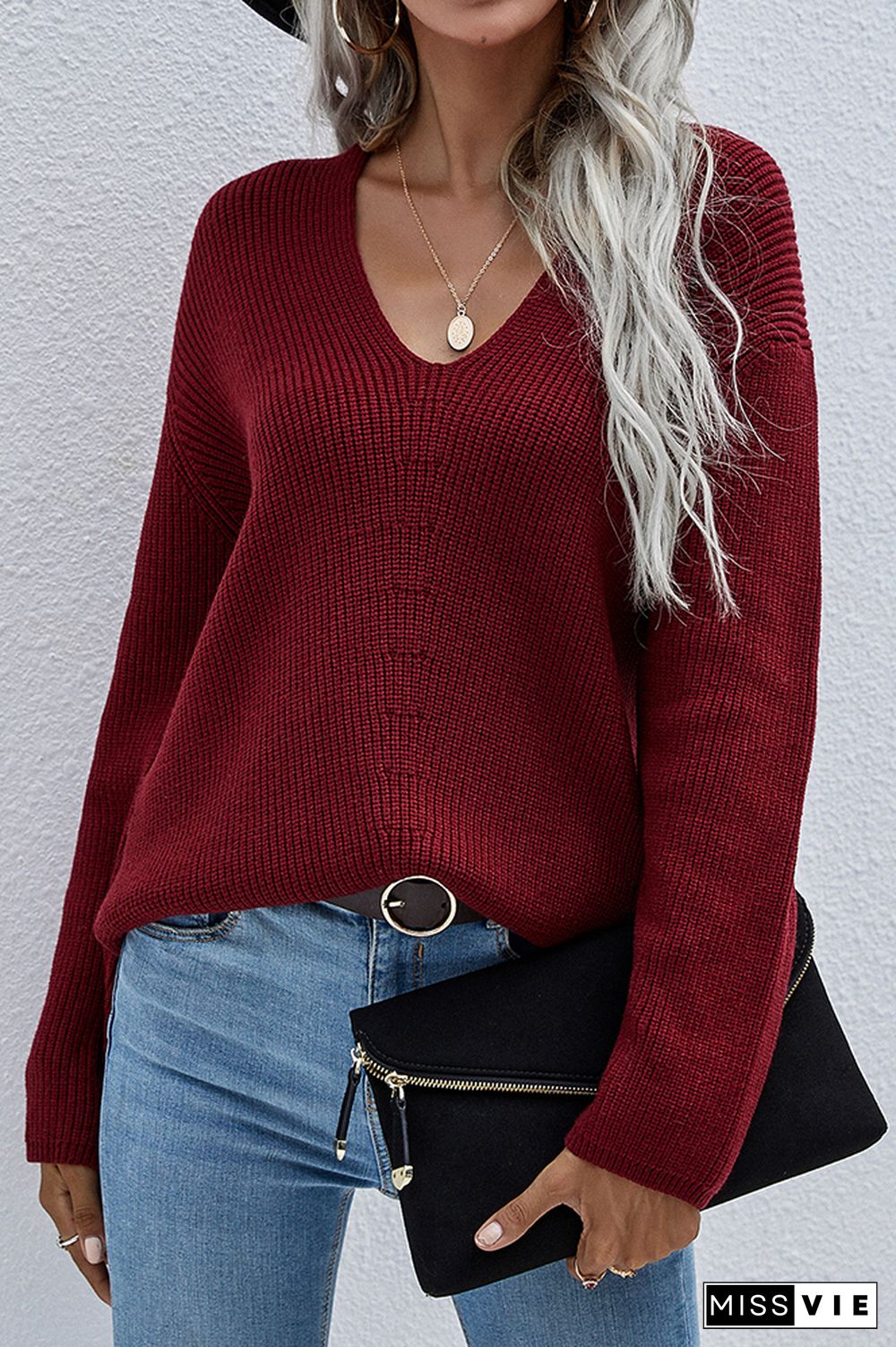 V-neck Long Sleeves Loose Solid Color Pullover Sweater Wholesale