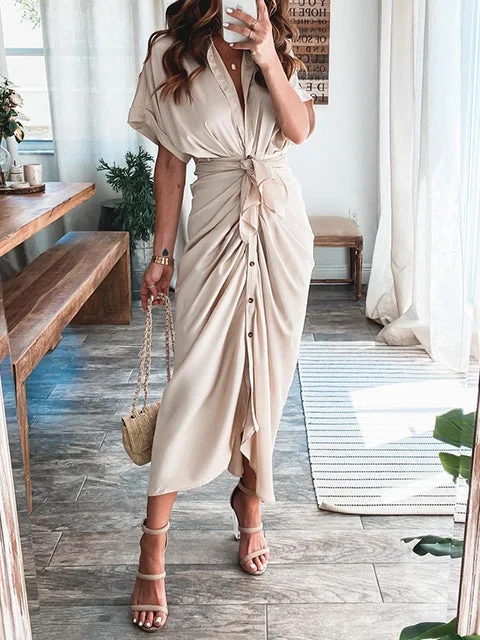 New Solid Color Tie Waist Pleated Dress