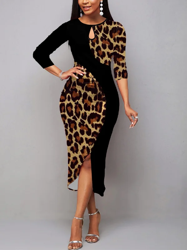 Patchwork Leopard Print Crew Neck Slim Fit Dress