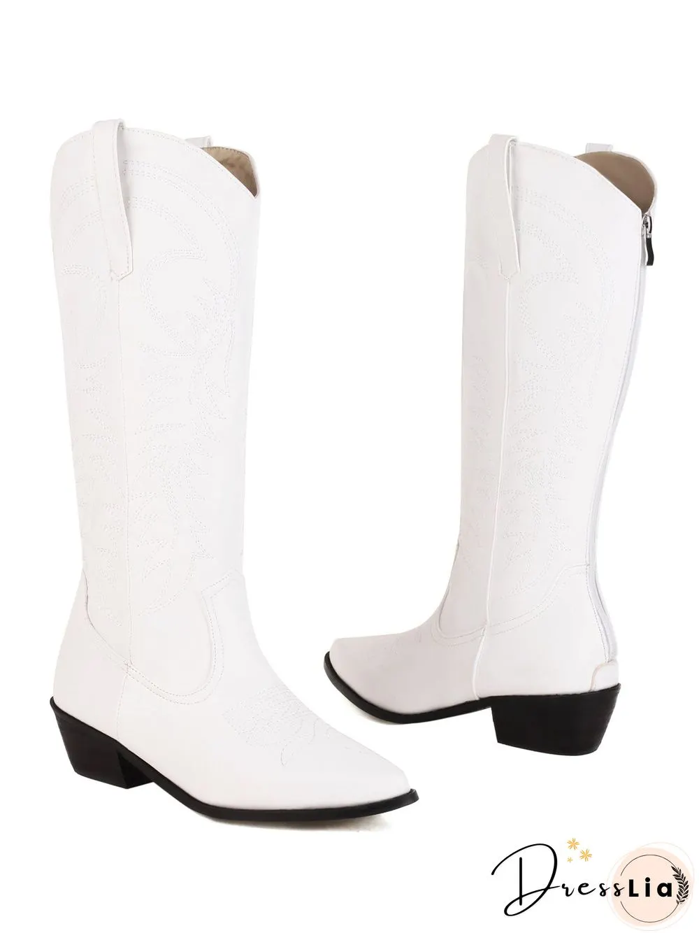 Embroidered Panel Plush Warm Pointed-Toe Cowboy Boots