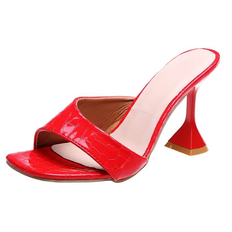 Patent Leather High Heels Slippers Women 2022 Summer Elegant Square Toe Sandals Woman Solid Color Slip On Outdoor Slides