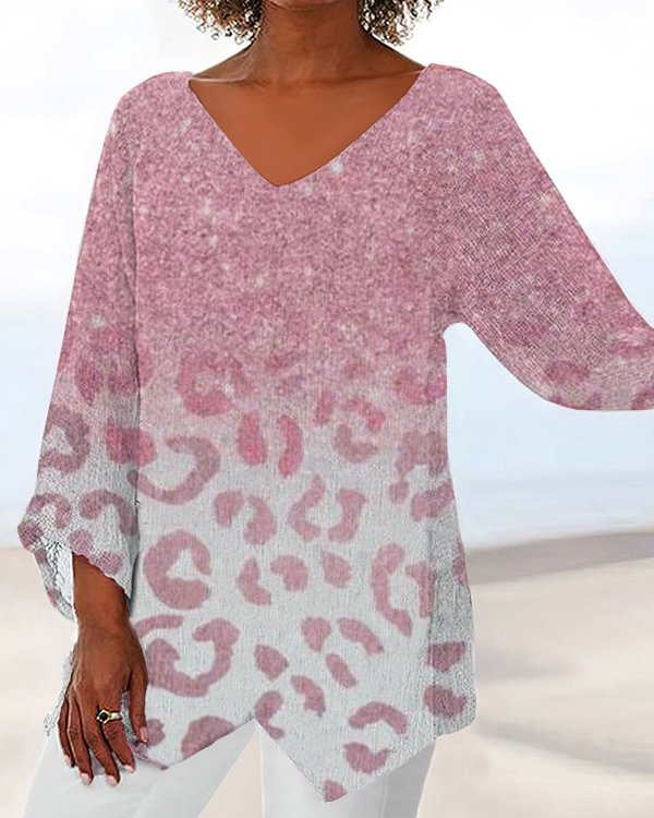 Pink Leopard Print Casual V Neck Top