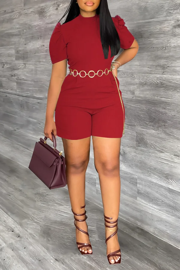 Puff Sleeve High Waist Romper With Belt