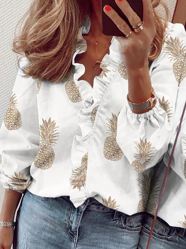 Trendy Puff Sleeves Printed V-Neck Blouses