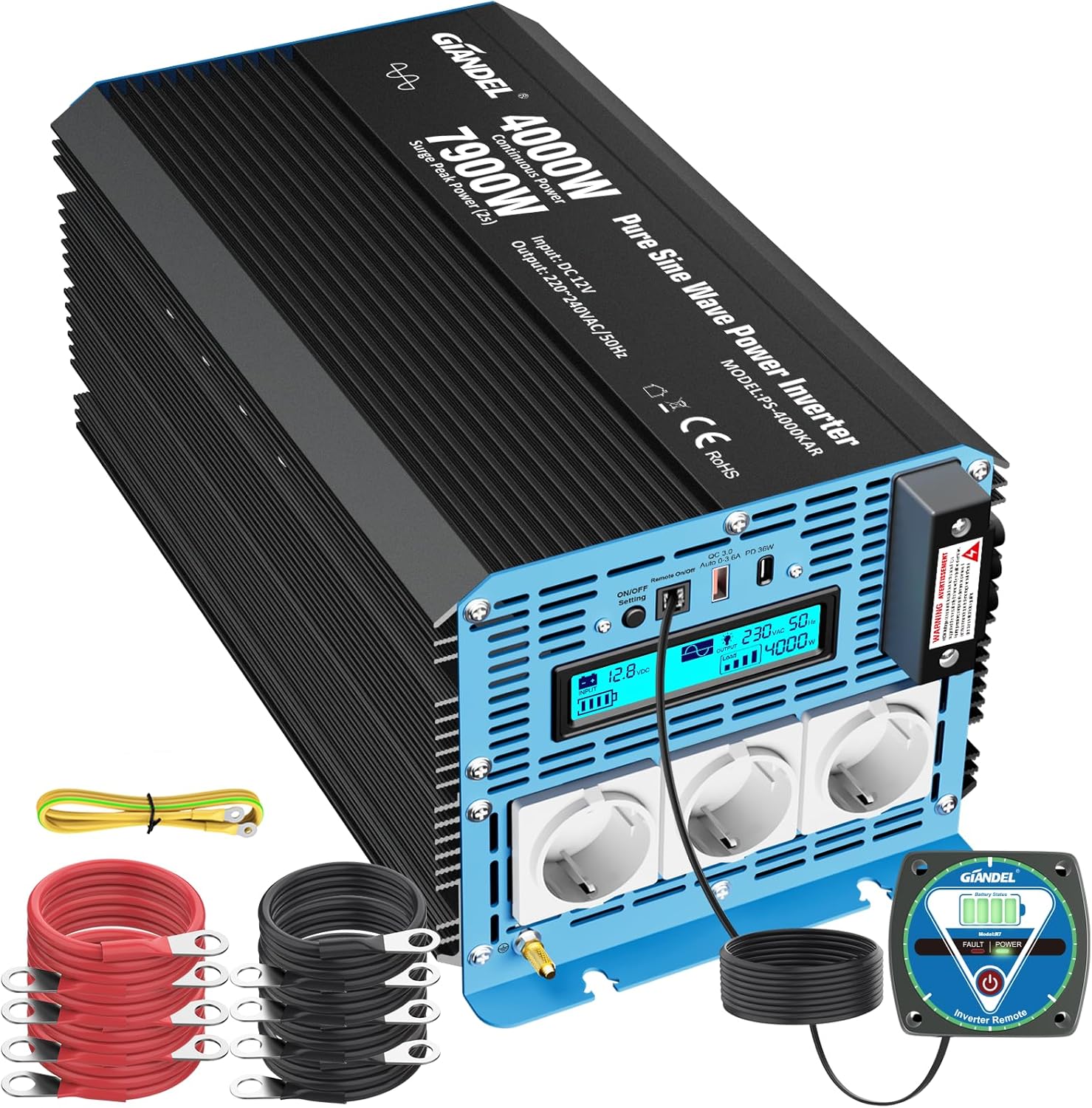 4000W Wechselrichter Reiner Sinus Spannungswandler 12V auf 240V LED-Anzeige