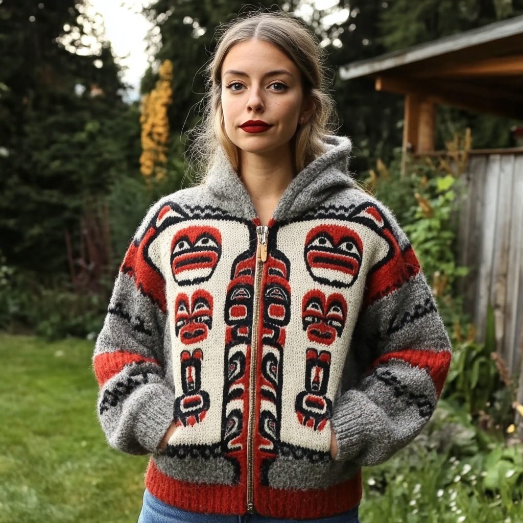 Comstylish Vintage Canadian Aboriginal Totem Pole Pattern Design Cowichan Sweater