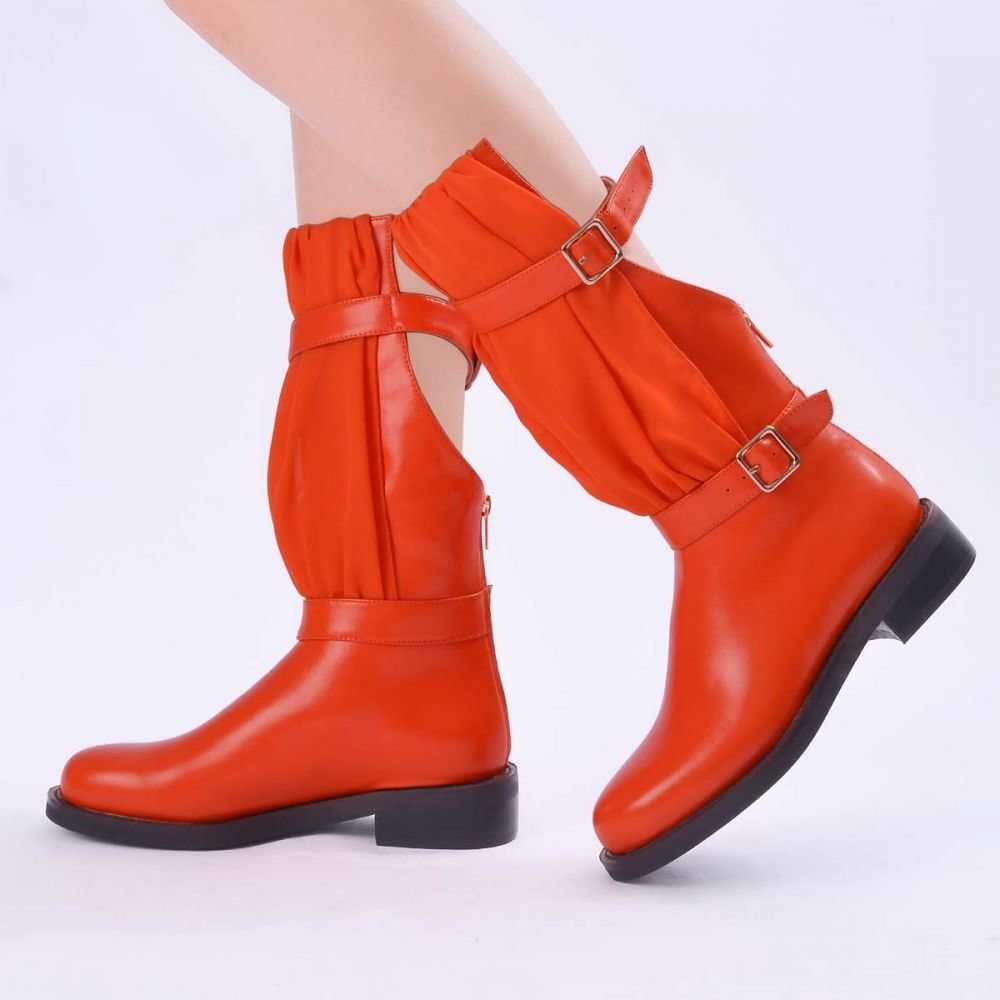 Orange Spring Boots Strap Mesh Round Toe Mid Calf Zipper Boots Nicepairs