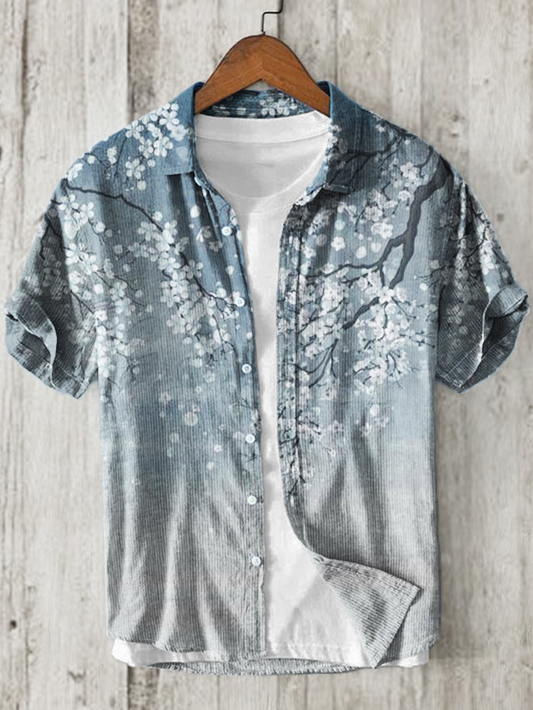 menweary Falling Cherry Blossom Japanese Art Gradient Linen Blend Shirt