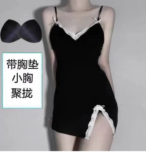 Uveng Two Sets Of Sexy Underwear Sexy Pajamas Temptation Light Lace Sling Skirt Home Open Fork Low Chest Deep V Sleeping Skirt