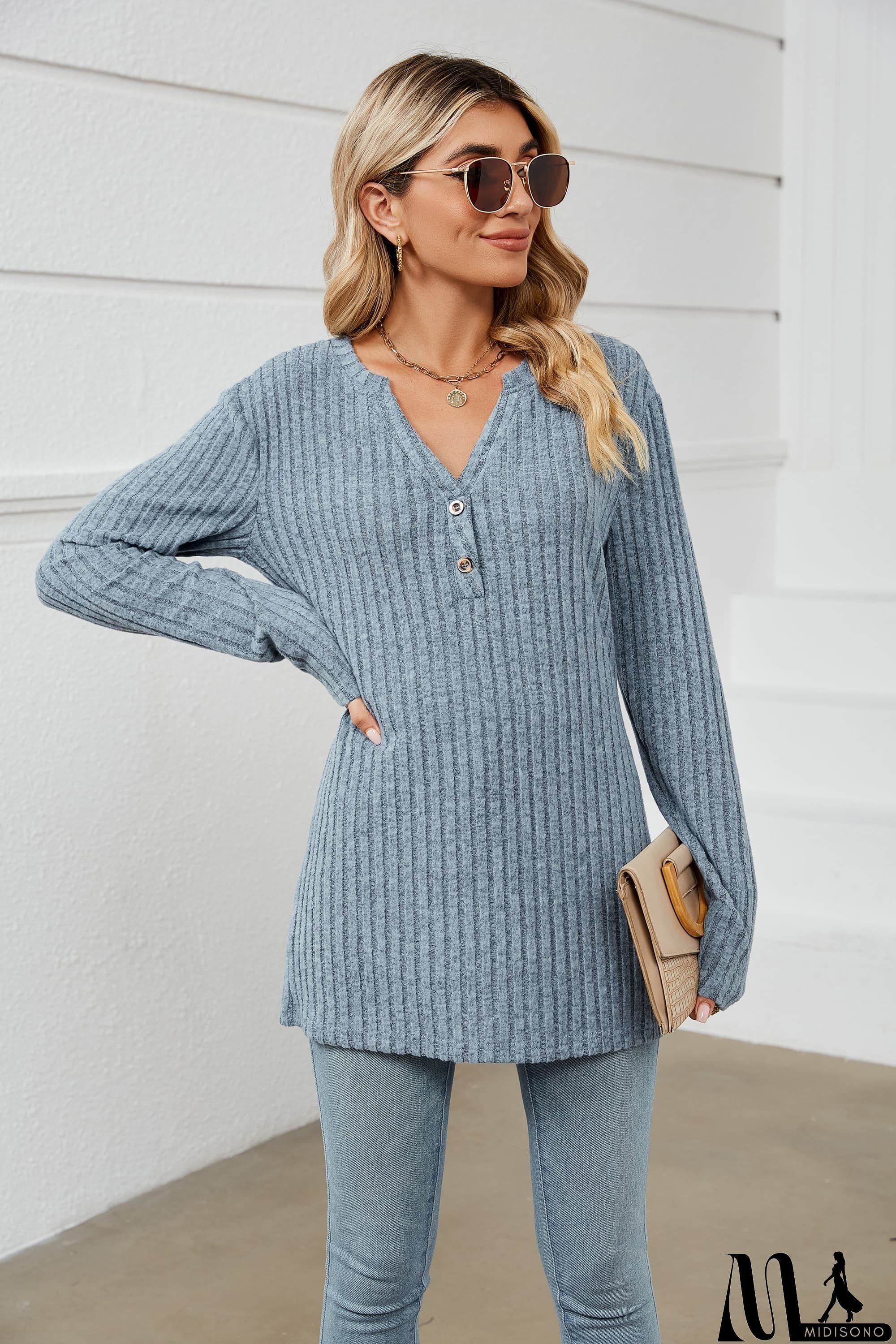 MidiSono - Notched Neck Ribbed Long Sleeve T-Shirt