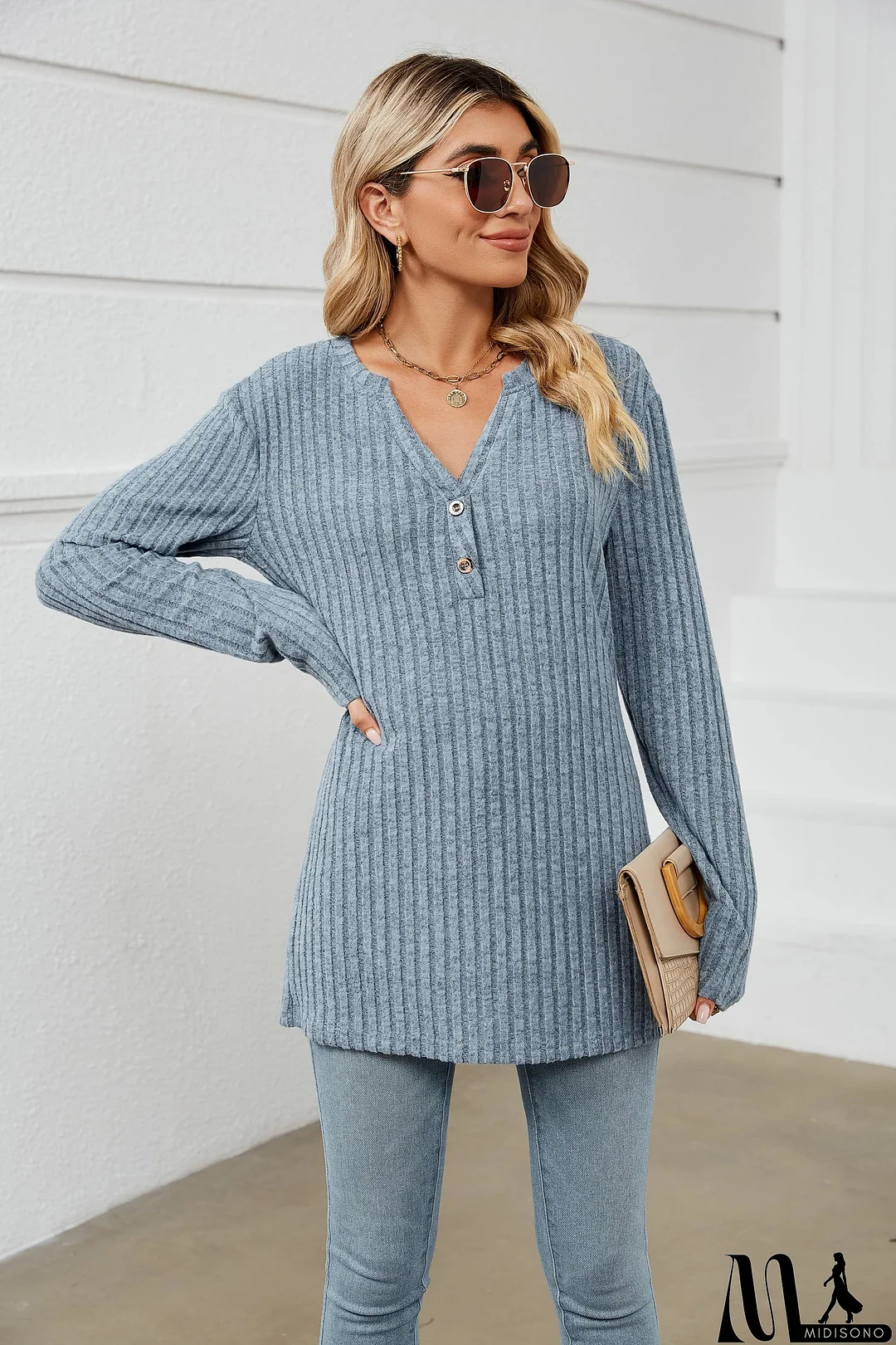 MidiSono - Notched Neck Ribbed Long Sleeve T-Shirt