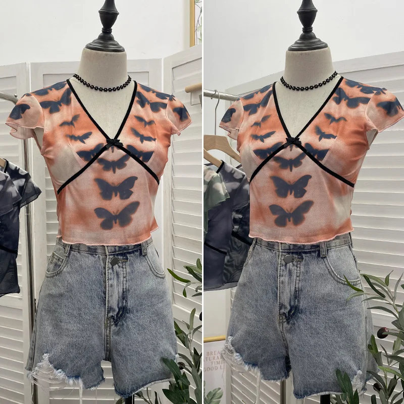 Uveng Sexy Hottie V-Neck Butterfly Print Short-Sleeved T-Shirt Slime Short-Navel Net T-Shirt Girl 9920
