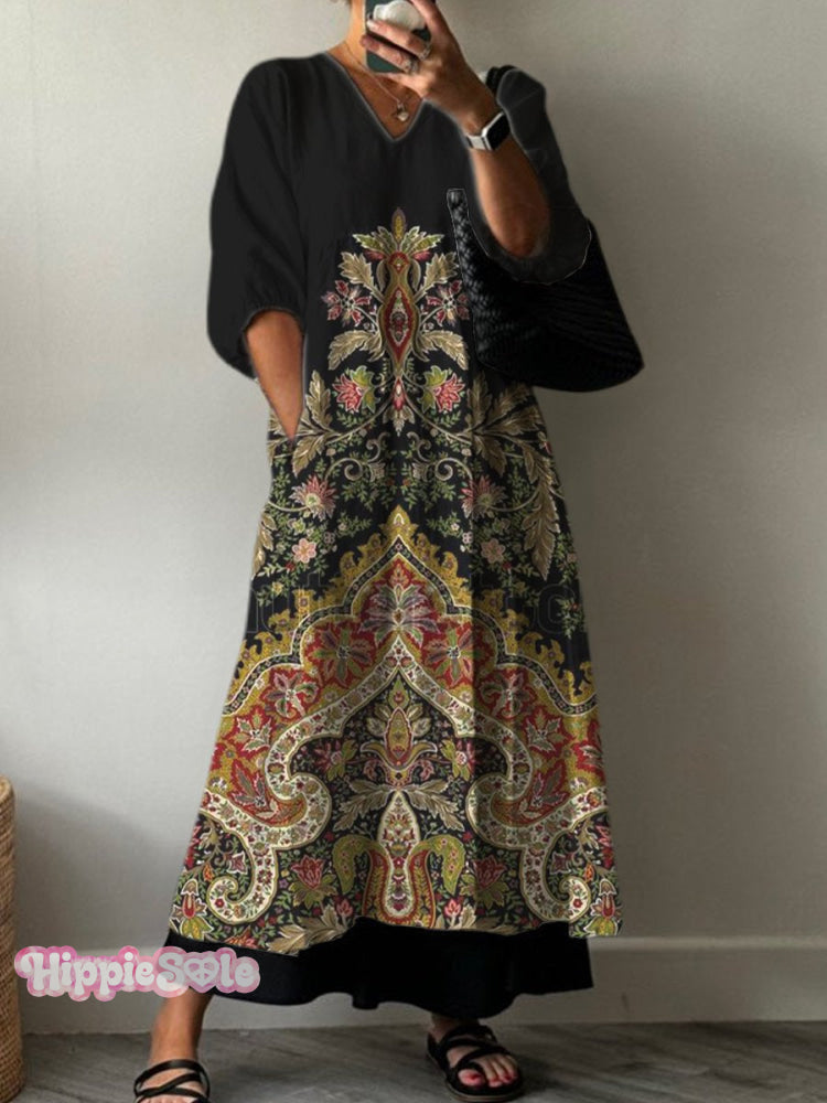 Women’s Ethnic Art Print Pocket V-Neck Cotton Dress Multicolor / S