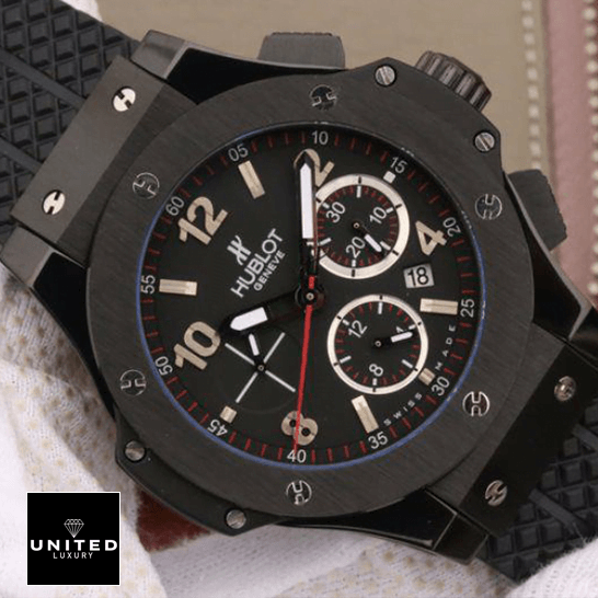 Hublot Big Bang Black Dial Black Bezel Replica on the white glove hand