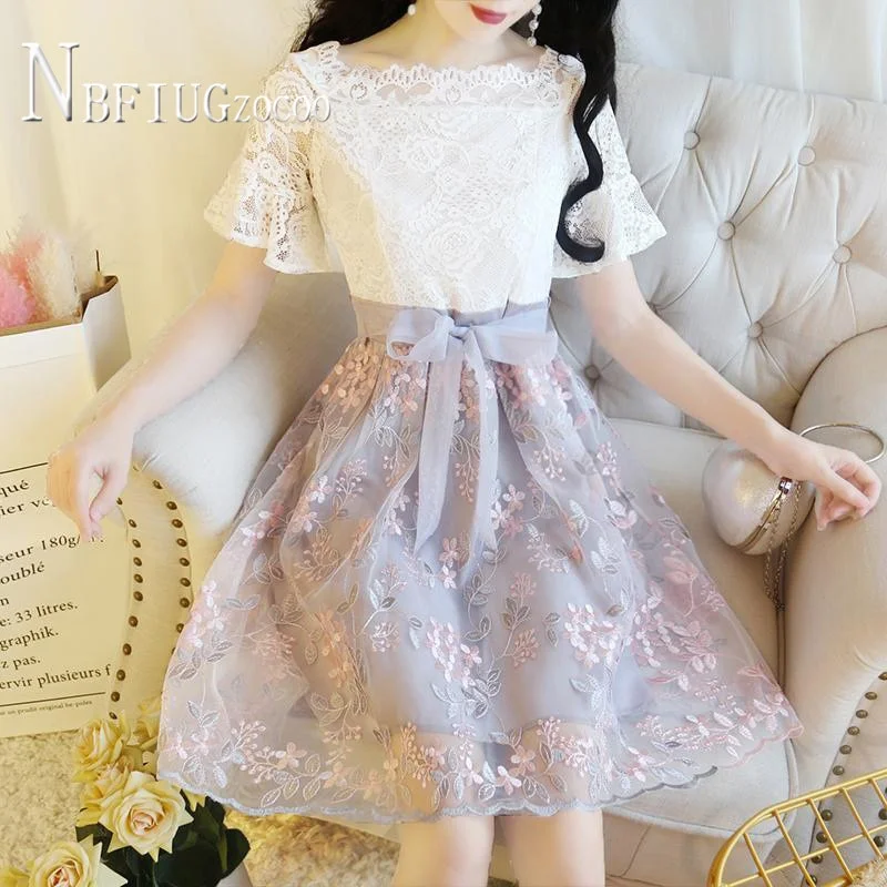 2020 Summer Korean Lace Patchwork Embroidery Women Dress Slim Female Fairy Dresses