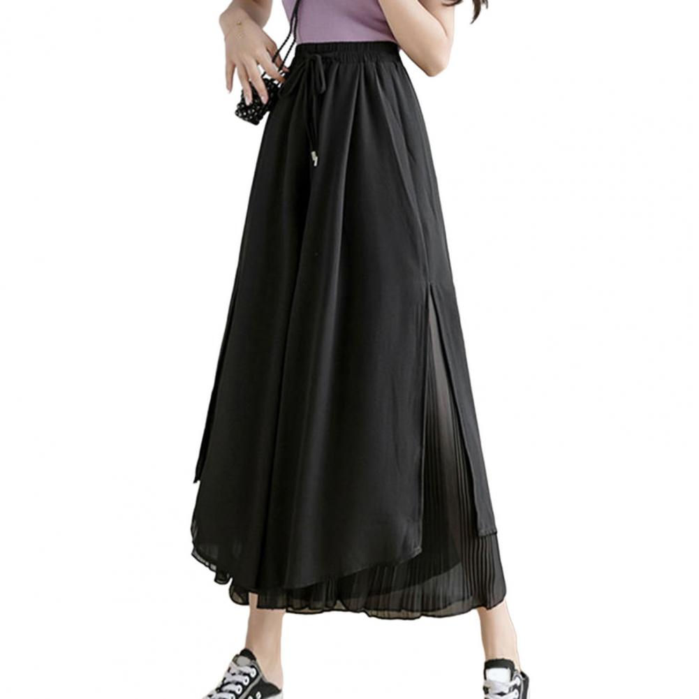 Poncun Women Pants Elastic Wide Leg Irregular Hem Double Layers Trousers Summer Casual Loose Pleated Pants High Waist Street Skirt Pant