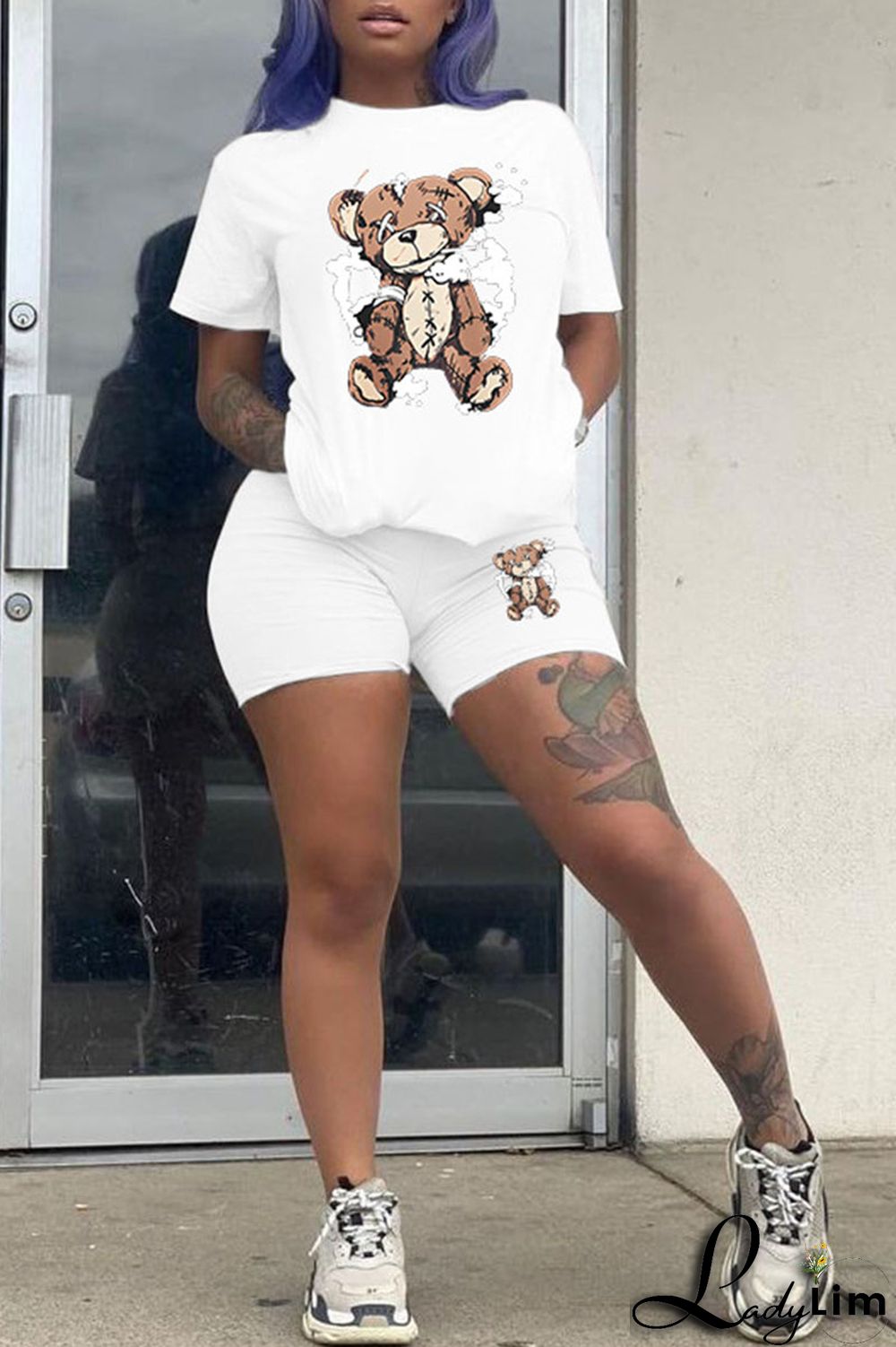 Purple Casual Print Patchwork O Neck Short Sleeve Two Pieces