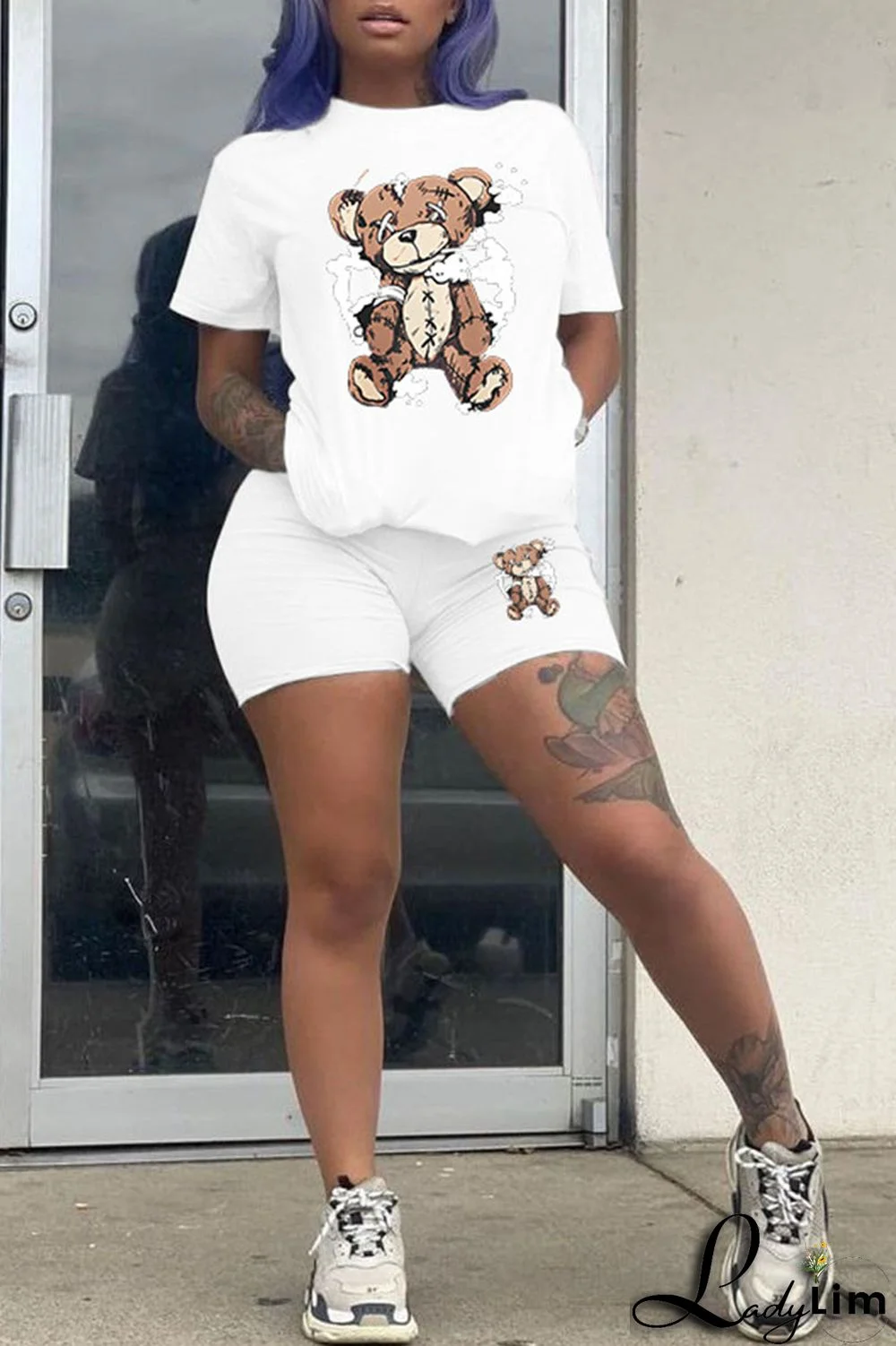 Purple Casual Print Patchwork O Neck Short Sleeve Two Pieces