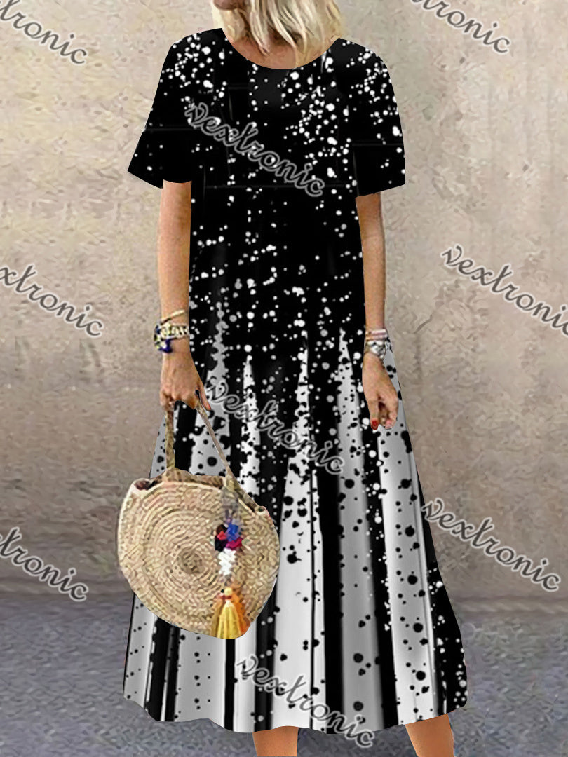 Women Casual Short Sleeve Scoop Neck Colorblock Printed Midi Dress