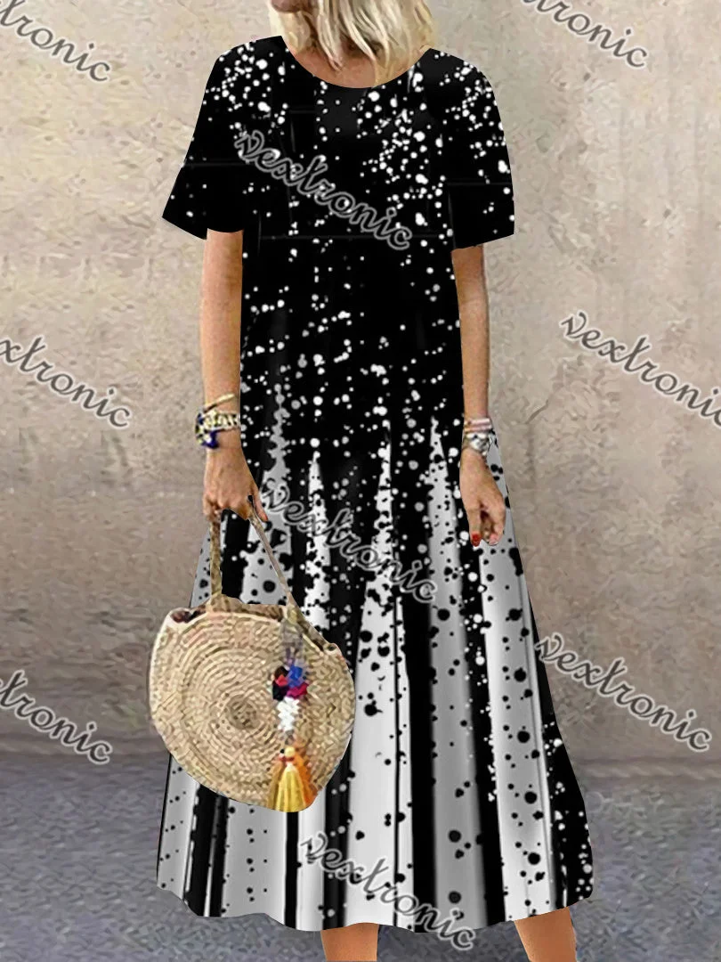 Women Casual Short Sleeve Scoop Neck Colorblock Printed Midi Dress