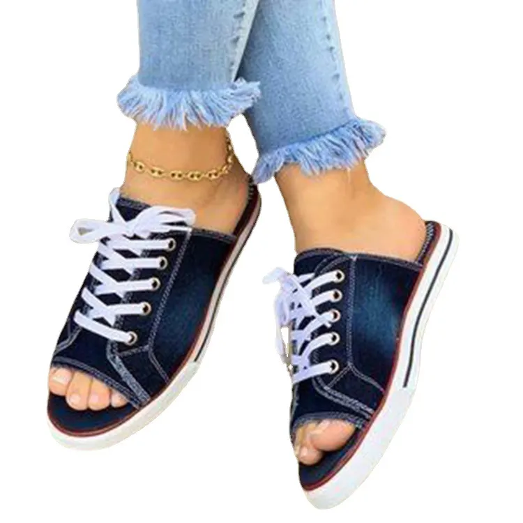 Breakj Breakj Big Goods Have Come Out Of The New 2023 Summer Canvas Korean Version Of Women's Cool Drag One-Word Drag Heel Sandals Denim Shoes
