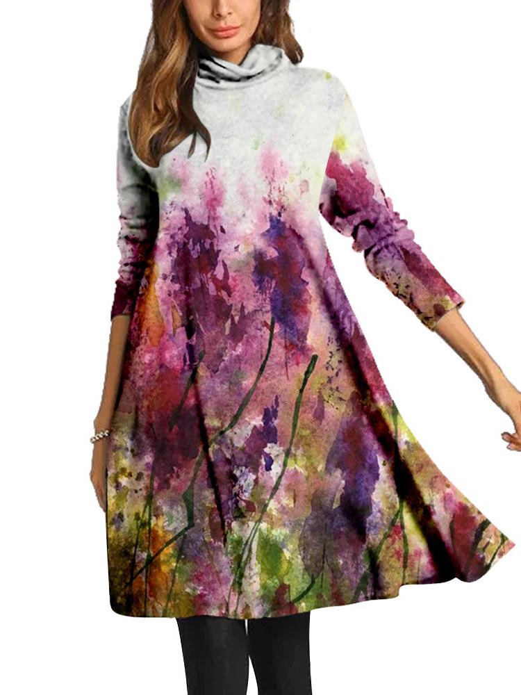 Women Long Sleeve Scoop Neck Printed Midi Dress