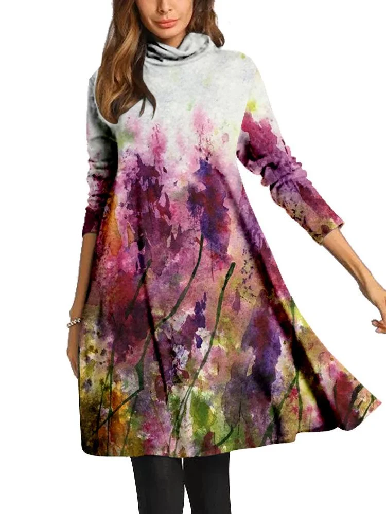 Women Long Sleeve Scoop Neck Printed Midi Dress