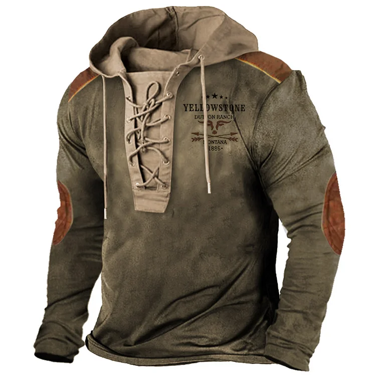 Men's Vintage Western Yellowstone Lace-Up Hooded T-Shirt 54b3
