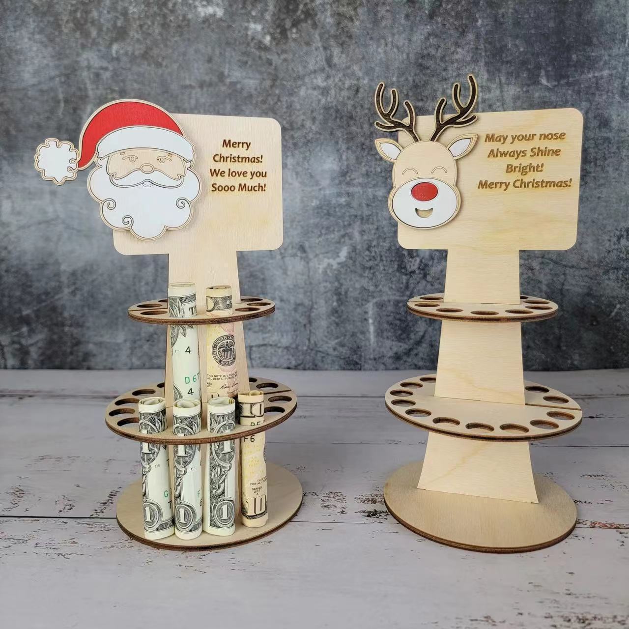 Santa & Reindeer Christmas Cash Keeper - Wooden Festive Money Clips