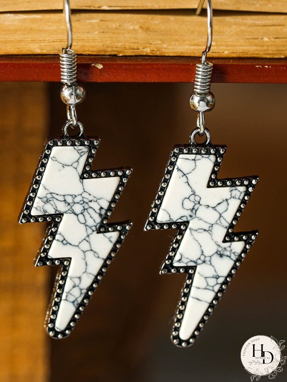 Lightning Bolt Earrings with Vintage White Marble Texture