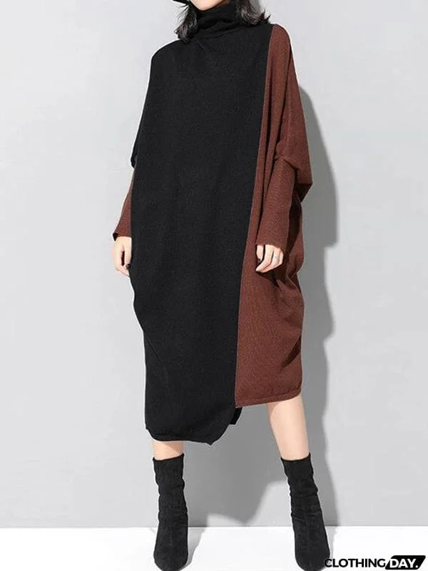 Casual Loose Split-Joint Contrast Color High-Neck Long Sleeves Dress